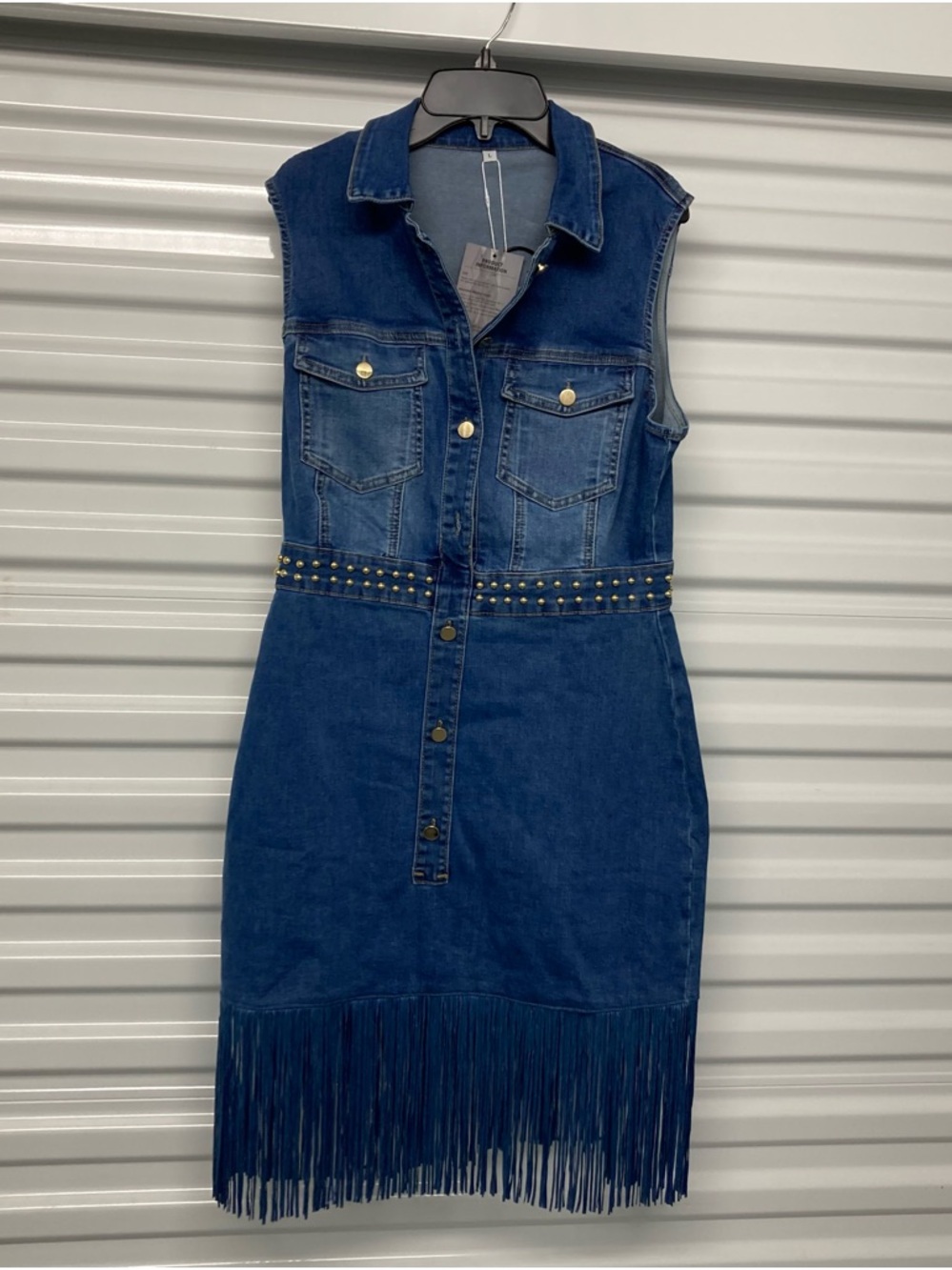 Dark Blue Denim Sleeveless Mini Dress with Fringe and Stud Waist